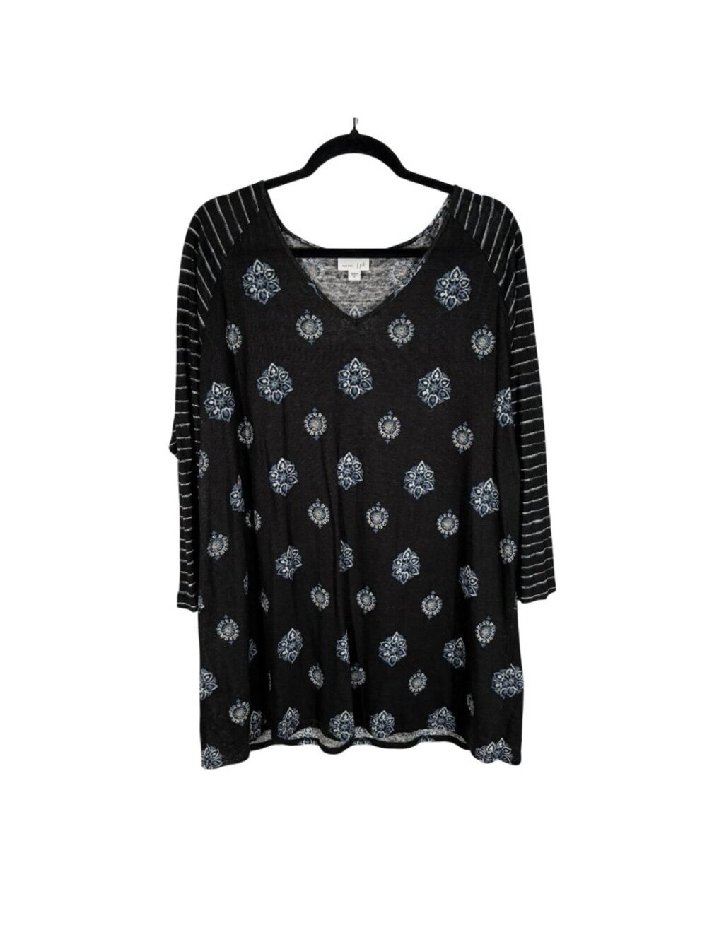 J.Jill Love Linen Women XL Black Medallion Stripe 3/4 Sleeves V-Neck Tunic Top